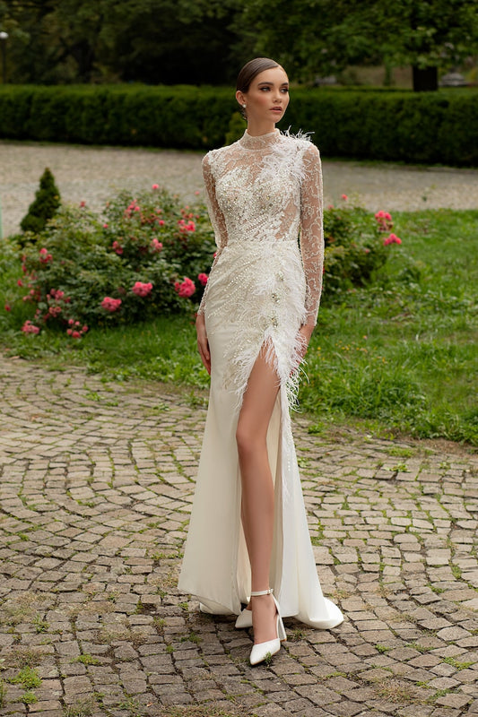 Sheath wedding dress Steis, Satin Ivory Lace Long sleeves wedding dress