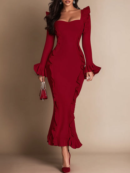 Knitted Chiffon Ruffled Fishtail Maxi Dress