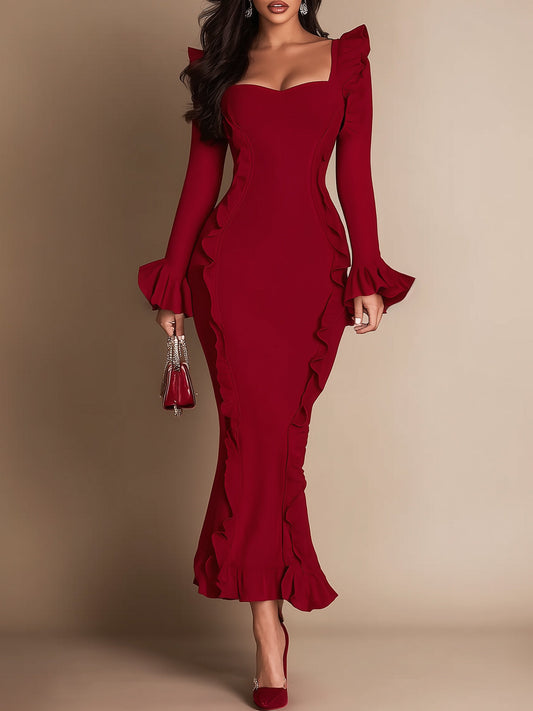 Knitted Chiffon Ruffled Fishtail Maxi Dress