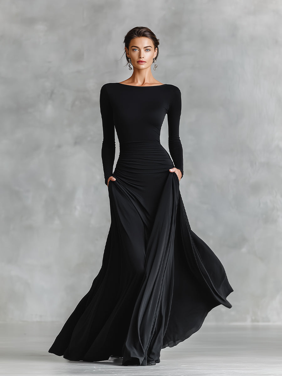 Women's Black Modern Crepe Ruched Boat - Neck Maxi Dress