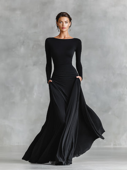 Women's Black Modern Crepe Ruched Boat - Neck Maxi Dress