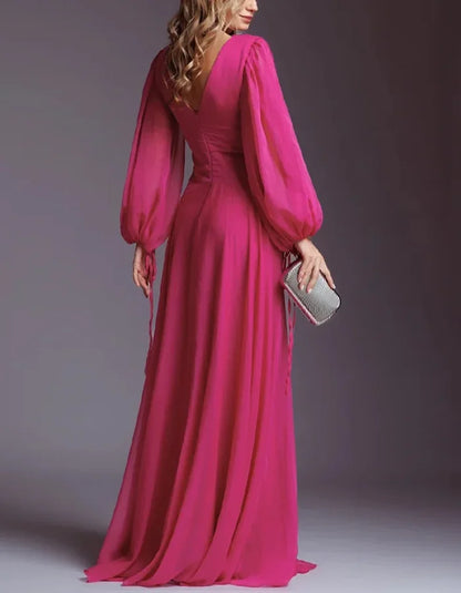 Elegant Chiffon Solid Color Long Sleeve Maxi Dress
