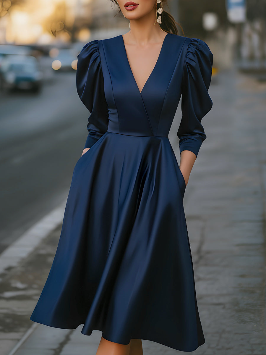 Satin Puff Sleeve V-Neck Dress