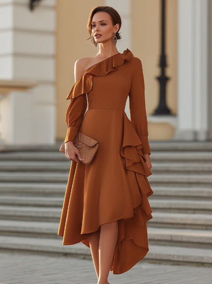 Asymmetrical Ruffle Detail One-Shoulder Midi Dress