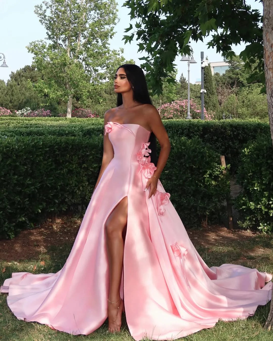 Elegant Straight Across Pink Split Sleeveless Handmade Flower Prom Dress YK0162