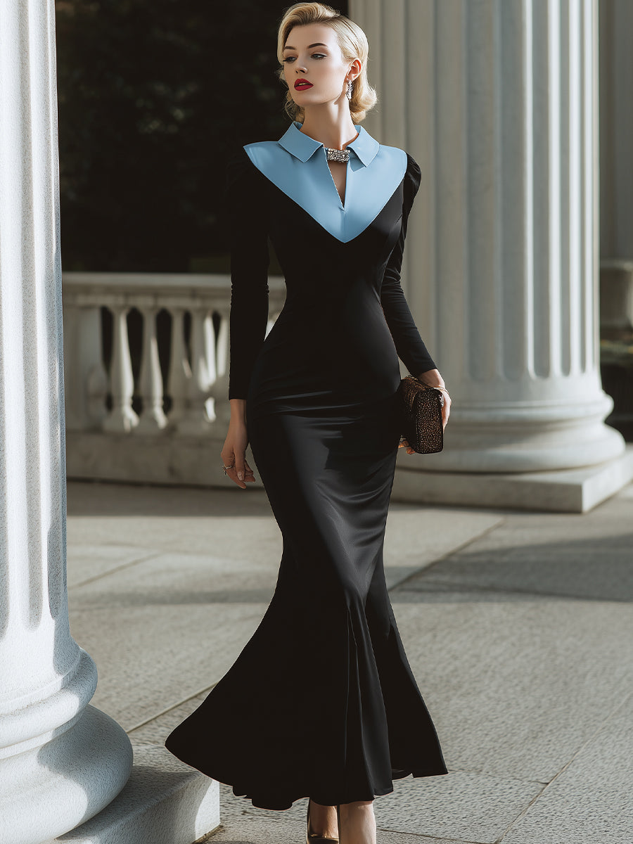 Contrast Collar Long-Sleeve Mermaid Gown