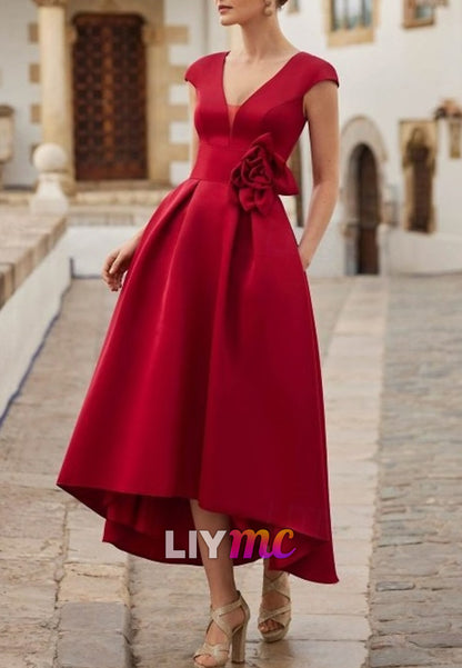 A-Line Cocktail Dresses Beach Wedding Elegant Dress Formal Asymmetrical Short Sleeve V Neck Pocket Satin