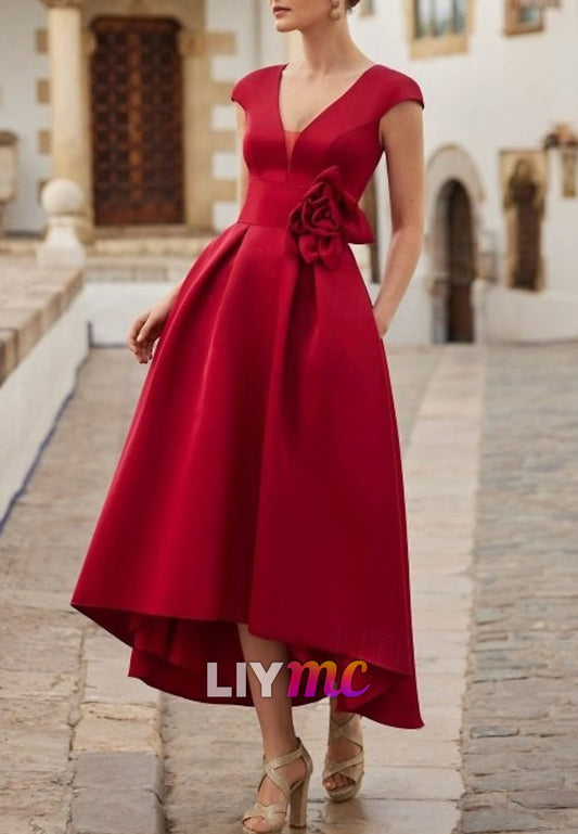 A-Line Cocktail Dresses Beach Wedding Elegant Dress Formal Asymmetrical Short Sleeve V Neck Pocket Satin