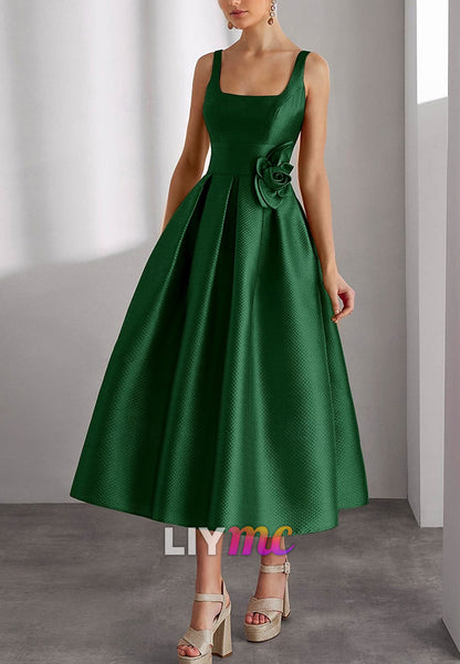 A-Line Cocktail Dresses Beach Wedding Elegant Dress Formal Square Neck Satin with Glitter Slit Shouder
