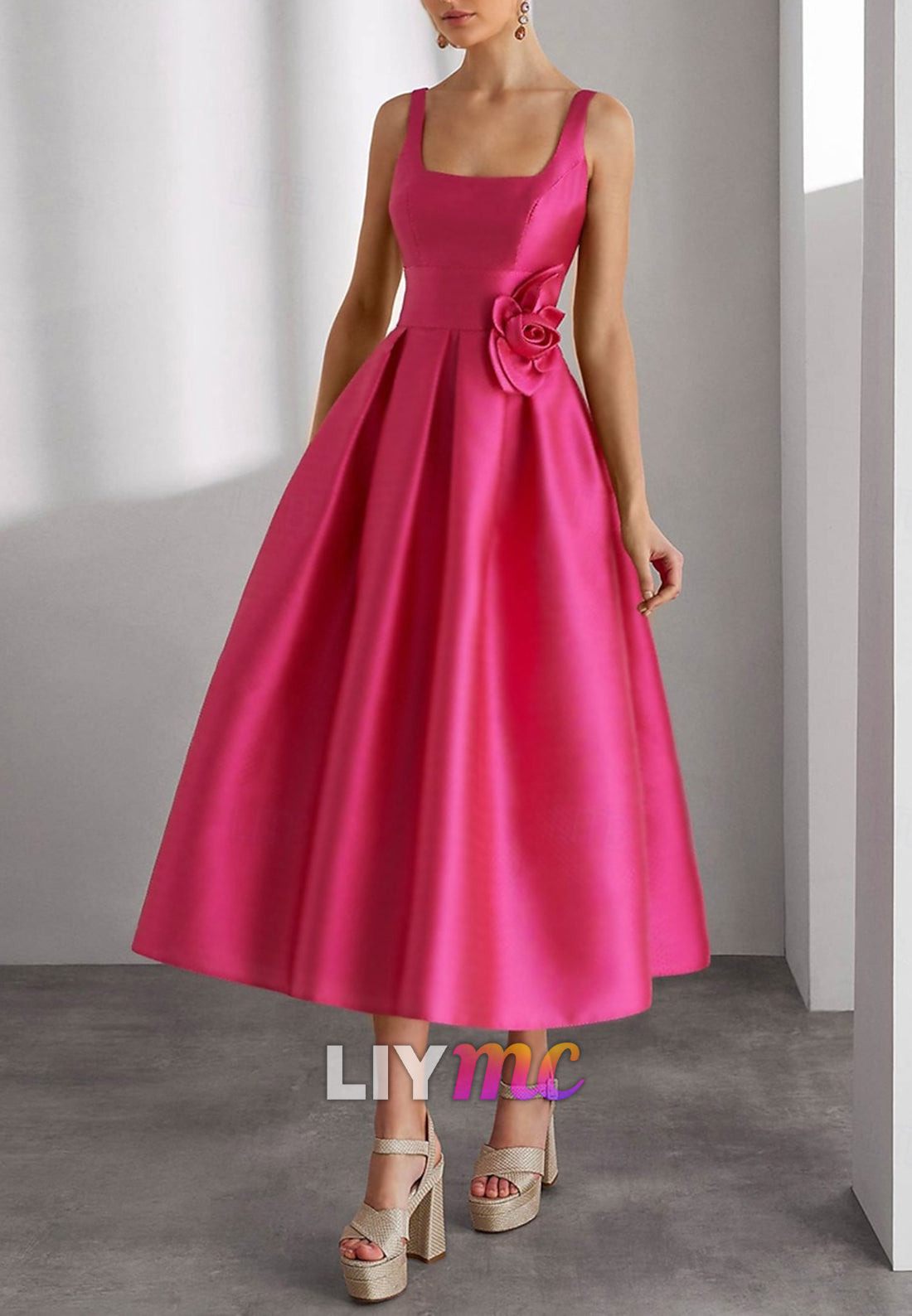 A-Line Cocktail Dresses Beach Wedding Elegant Dress Formal Square Neck Satin with Glitter Slit Shouder