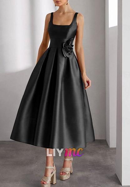 A-Line Cocktail Dresses Beach Wedding Elegant Dress Formal Square Neck Satin with Glitter Slit Shouder