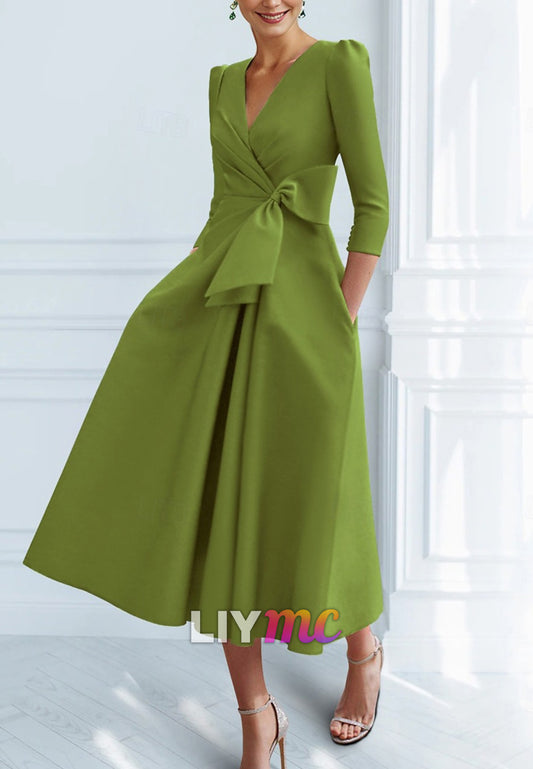 A-Line Cocktail Dresses Elegant Dress Formal Ankle Length V Neck Pocket with Bow