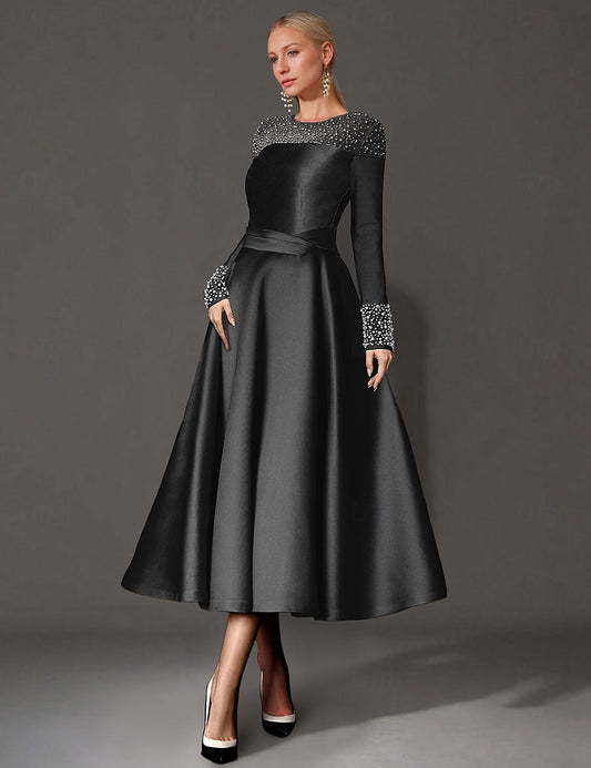 A-Line Cocktail Dresses Elegant Dress Formal Tea Length Long Sleeve Jewel Neck Satin with Pearls Dresses