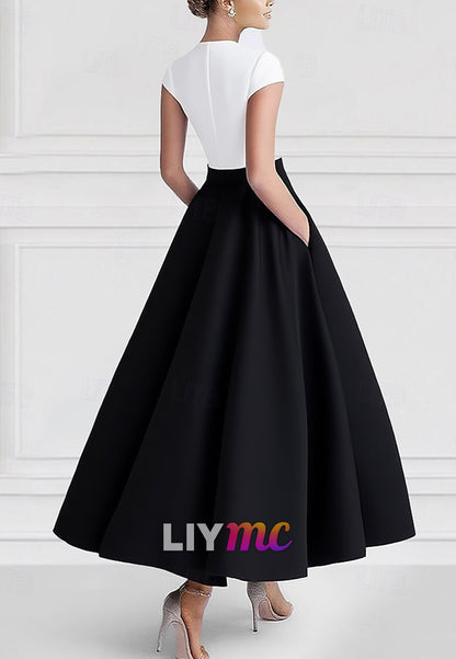 A-Line Cocktail Dresses Elegant Dress Formal Wedding Ankle Length Short Sleeve V Neck Pocket Satin with Pocket
