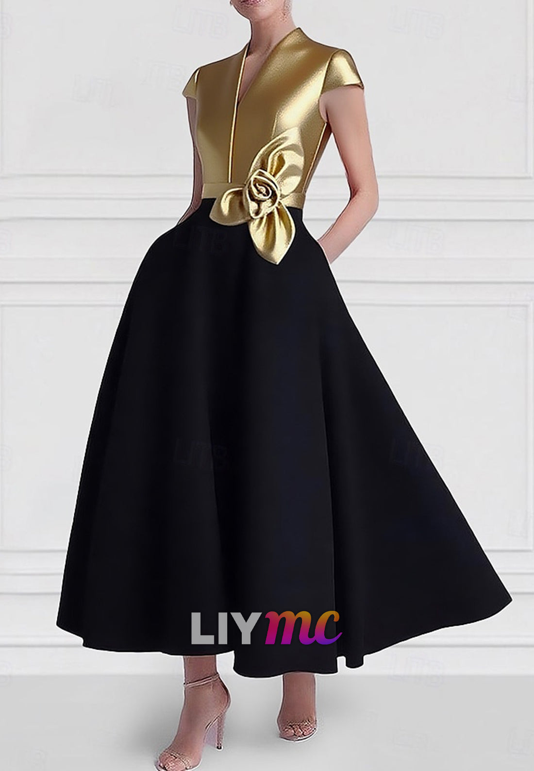 A-Line Cocktail Dresses Elegant Dress Formal Wedding Ankle Length Short Sleeve V Neck Pocket Satin with Pocket