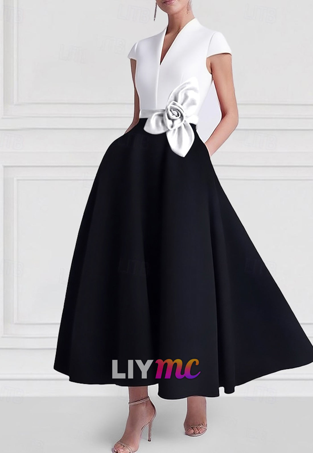 A-Line Cocktail Dresses Elegant Dress Formal Wedding Ankle Length Short Sleeve V Neck Pocket Satin with Pocket