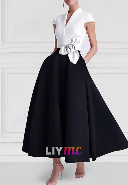 A-Line Cocktail Dresses Elegant Dress Formal Wedding Ankle Length Short Sleeve V Neck Pocket Satin with Pocket