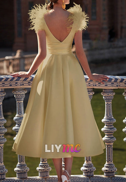 A-Line Cocktail Dresses Elegant Dress Wedding Guest Ankle Length Sleeveless V Neck Pocket Satin