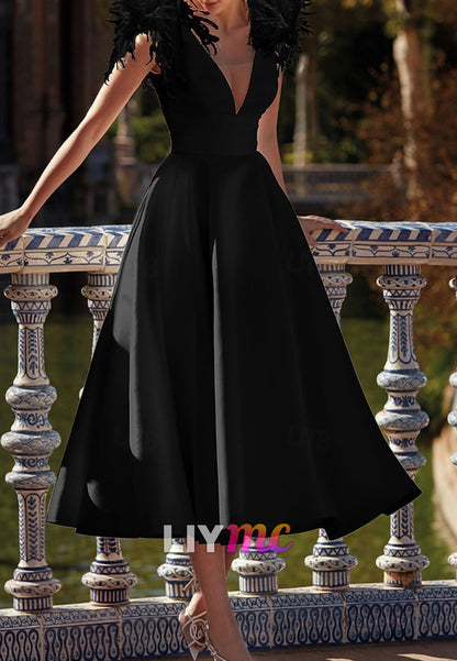 A-Line Cocktail Dresses Elegant Dress Wedding Guest Ankle Length Sleeveless V Neck Pocket Satin