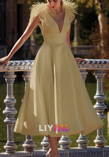 A-Line Cocktail Dresses Elegant Dress Wedding Guest Ankle Length Sleeveless V Neck Pocket Satin