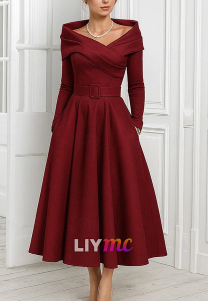 A-Line Cocktail Dresses Elegant Formal Dress Formal Wedding Tea Length Long Sleeve