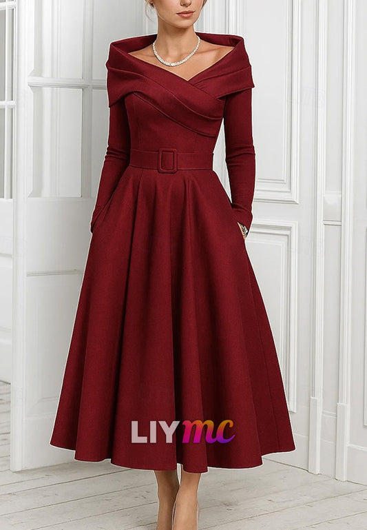 A-Line Cocktail Dresses Elegant Formal Dress Formal Wedding Tea Length Long Sleeve