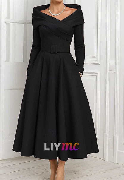 A-Line Cocktail Dresses Elegant Formal Dress Formal Wedding Tea Length Long Sleeve