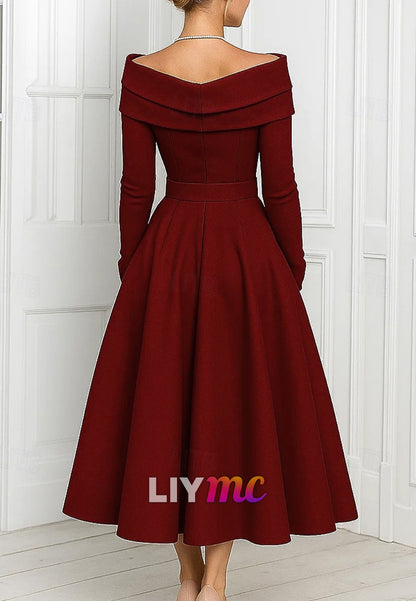A-Line Cocktail Dresses Elegant Formal Dress Formal Wedding Tea Length Long Sleeve