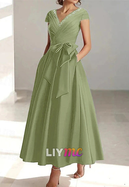 A-Line Cocktail Dresses Elegant Formal Wedding Guest Ankle Length Short Sleeve