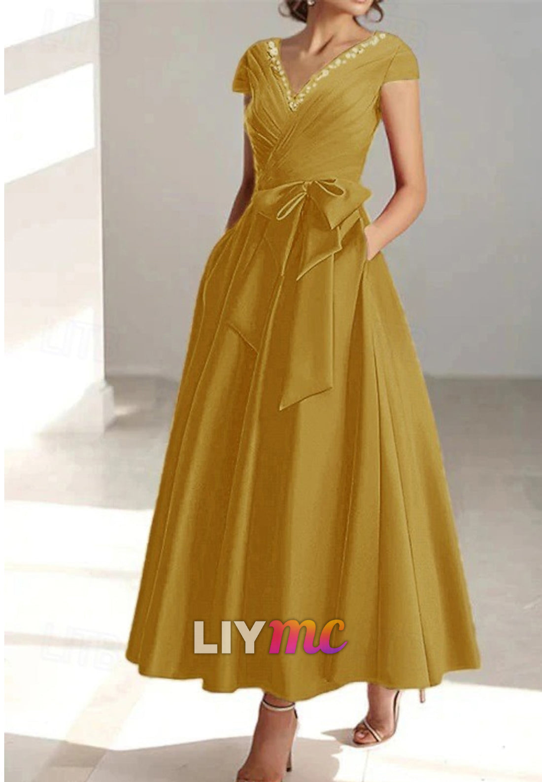 A-Line Cocktail Dresses Elegant Formal Wedding Guest Ankle Length Short Sleeve