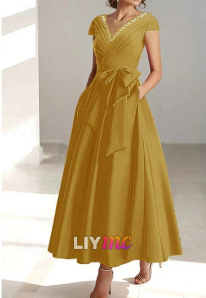 A-Line Cocktail Dresses Elegant Formal Wedding Guest Ankle Length Short Sleeve