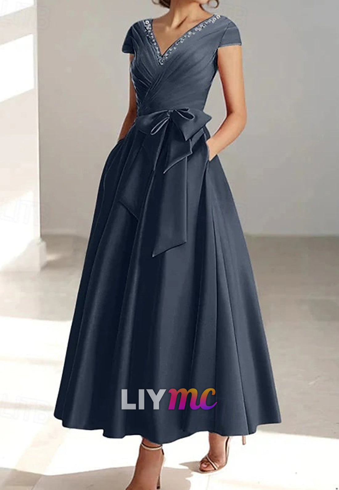 A-Line Cocktail Dresses Elegant Formal Wedding Guest Ankle Length Short Sleeve