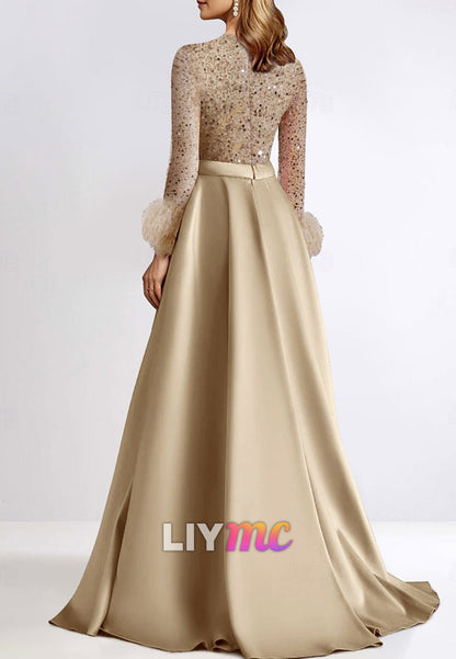 A-Line Evening Gown Elegant Dress Formal Floor Length Long Sleeve V Neck Mother Of the Bride Dress