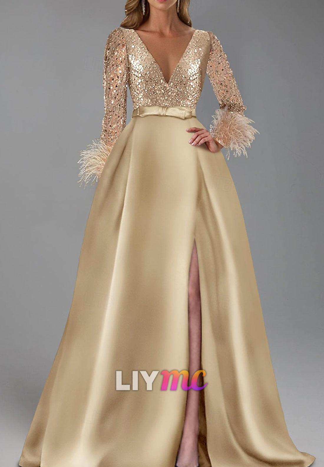 A-Line Evening Gown Elegant Dress Formal Floor Length Long Sleeve V Neck Mother Of the Bride Dress