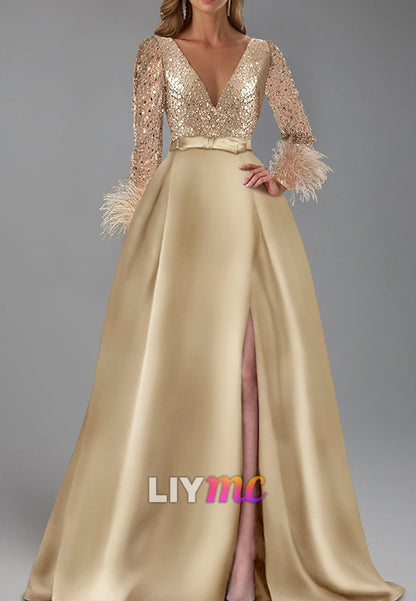 A-Line Evening Gown Elegant Dress Formal Floor Length Long Sleeve V Neck Mother Of the Bride Dress
