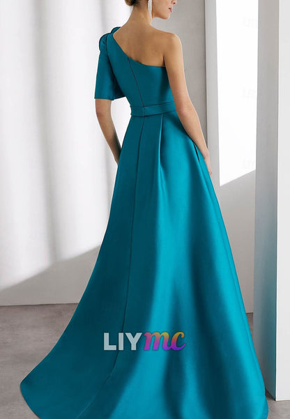 A-Line Evening Gown Elegant Dress Formal Wedding Floor Length Short Sleeve One Shoulder Mother Of the Bride Dress