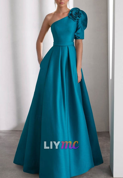 A-Line Evening Gown Elegant Dress Formal Wedding Floor Length Short Sleeve One Shoulder Mother Of the Bride Dress