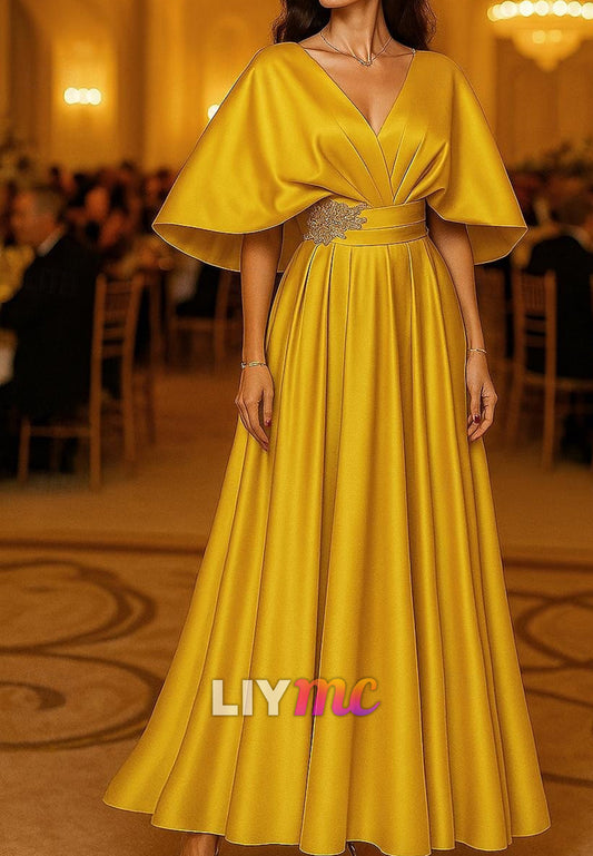 A-Line Floor Length Evening Gown Ball Gown Formal Dress Elegant Glittering Silky Short Sleeve