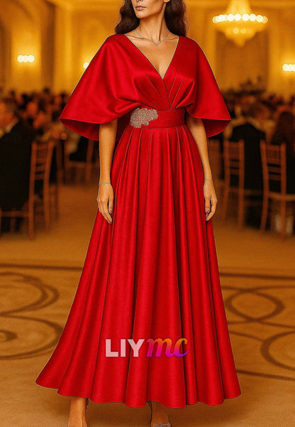 A-Line Floor Length Evening Gown Ball Gown Formal Dress Elegant Glittering Silky Short Sleeve