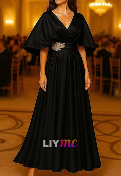 A-Line Floor Length Evening Gown Ball Gown Formal Dress Elegant Glittering Silky Short Sleeve