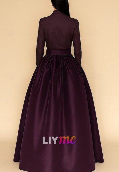 A-Line Floor Length Evening Gown Ball Gown Formal Dress Elegant Silky Long Sleeve