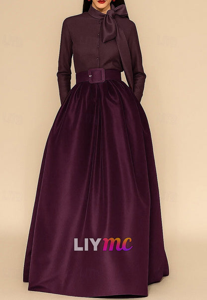 A-Line Floor Length Evening Gown Ball Gown Formal Dress Elegant Silky Long Sleeve