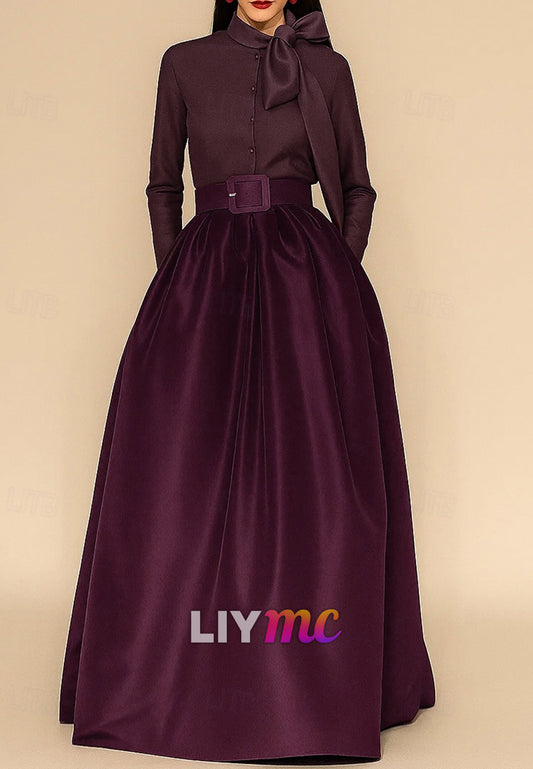 A-Line Floor Length Evening Gown Ball Gown Formal Dress Elegant Silky Long Sleeve