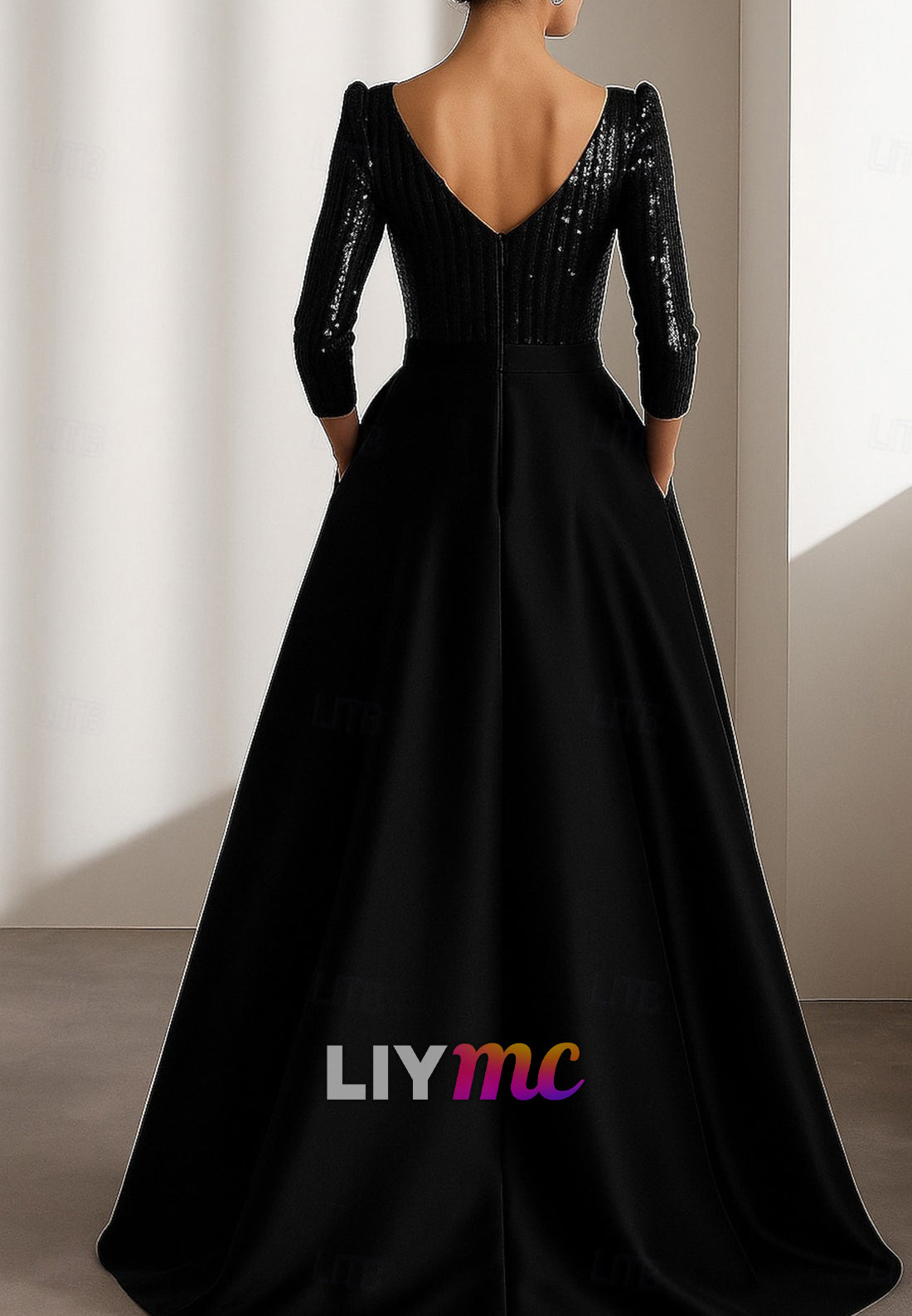 A-Line Floor Length Evening Gown Formal DressHigh Low Long Sleeve V Neck Wedding Formal Satin Sequined with Glitter Pleats