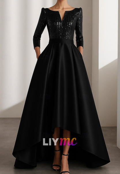 A-Line Floor Length Evening Gown Formal DressHigh Low Long Sleeve V Neck Wedding Formal Satin Sequined with Glitter Pleats