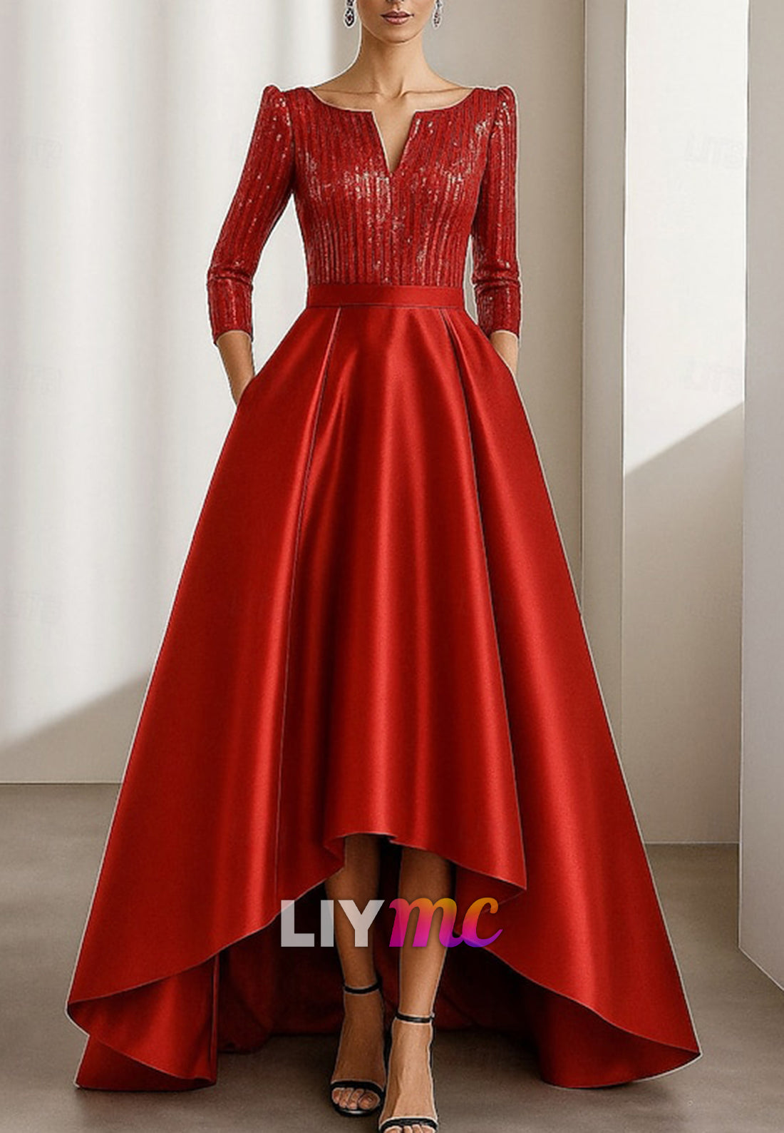 A-Line Floor Length Evening Gown Formal DressHigh Low Long Sleeve V Neck Wedding Formal Satin Sequined with Glitter Pleats
