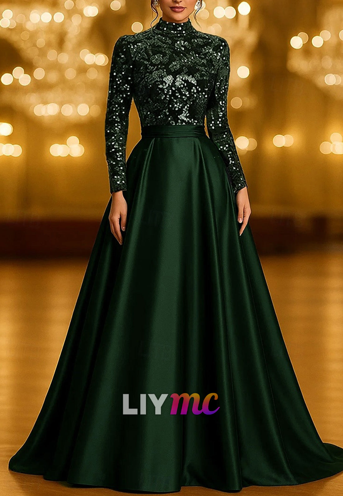 A-Line Floor Length Glittering Long Sleeve High Neck Formal Wedding Pocket Satin