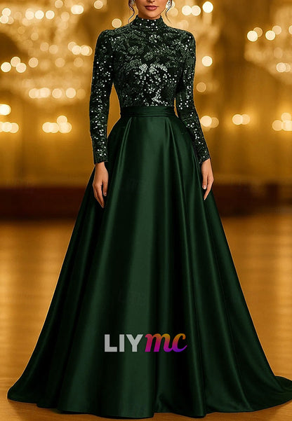 A-Line Floor Length Glittering Long Sleeve High Neck Formal Wedding Pocket Satin