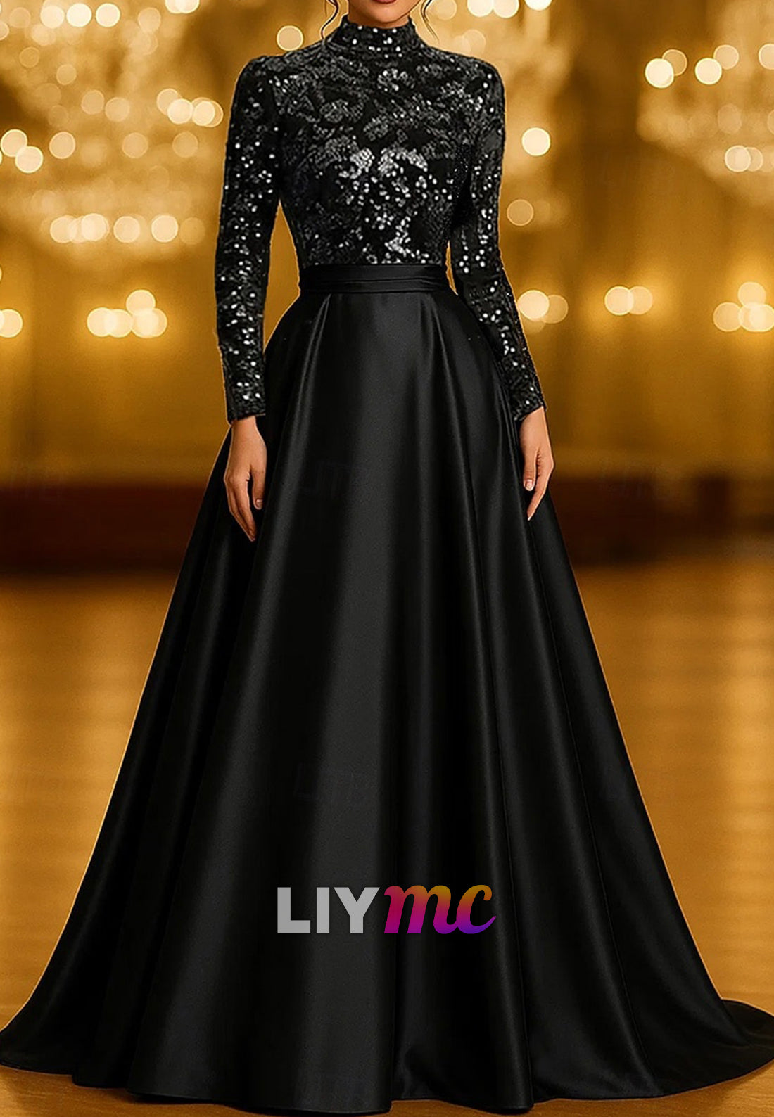 A-Line Floor Length Glittering Long Sleeve High Neck Formal Wedding Pocket Satin