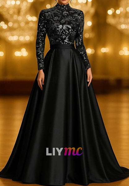 A-Line Floor Length Glittering Long Sleeve High Neck Formal Wedding Pocket Satin